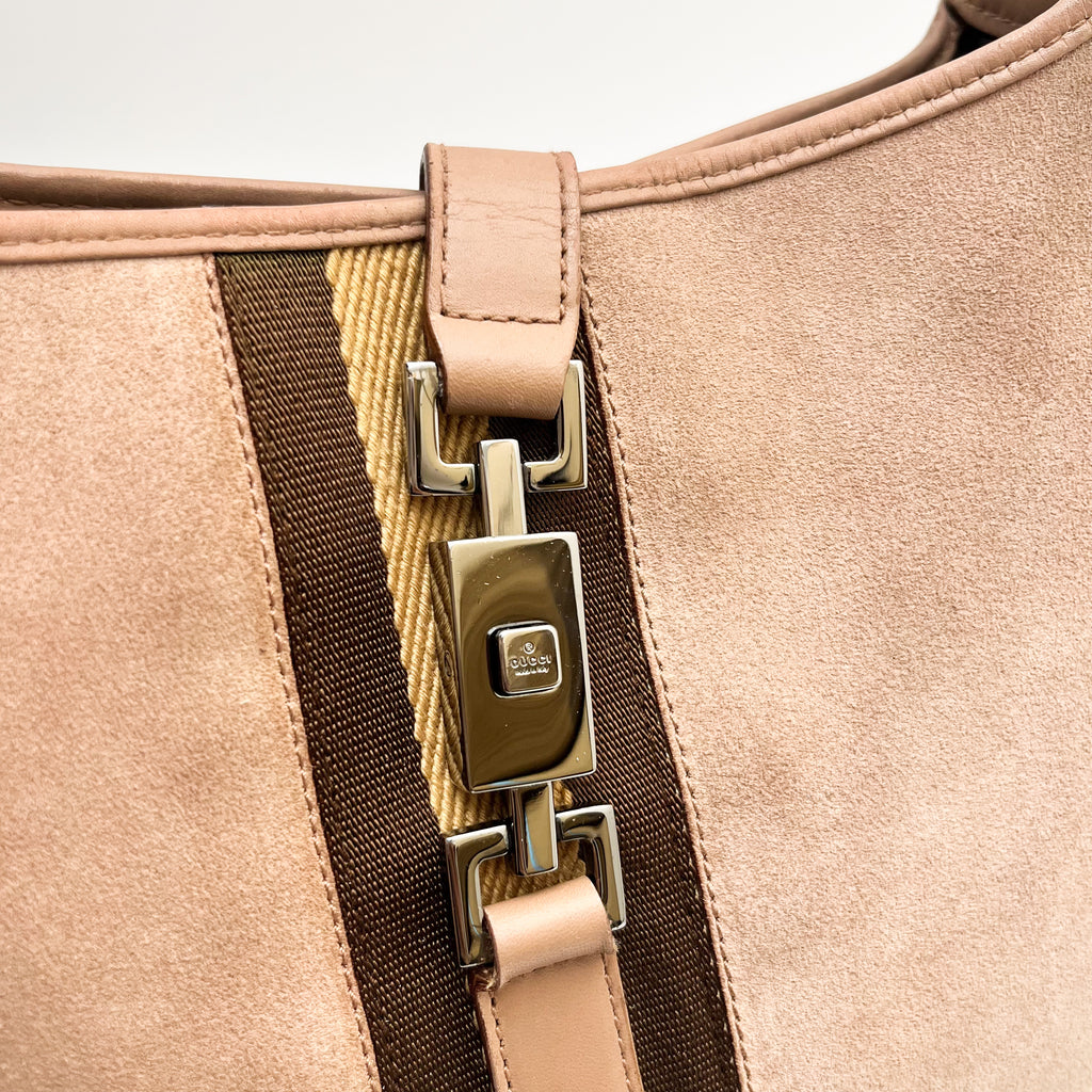 GUCCI Shoulder Bag Suede Leather Web Stripe Beige Silver Hardware Vintage Auth