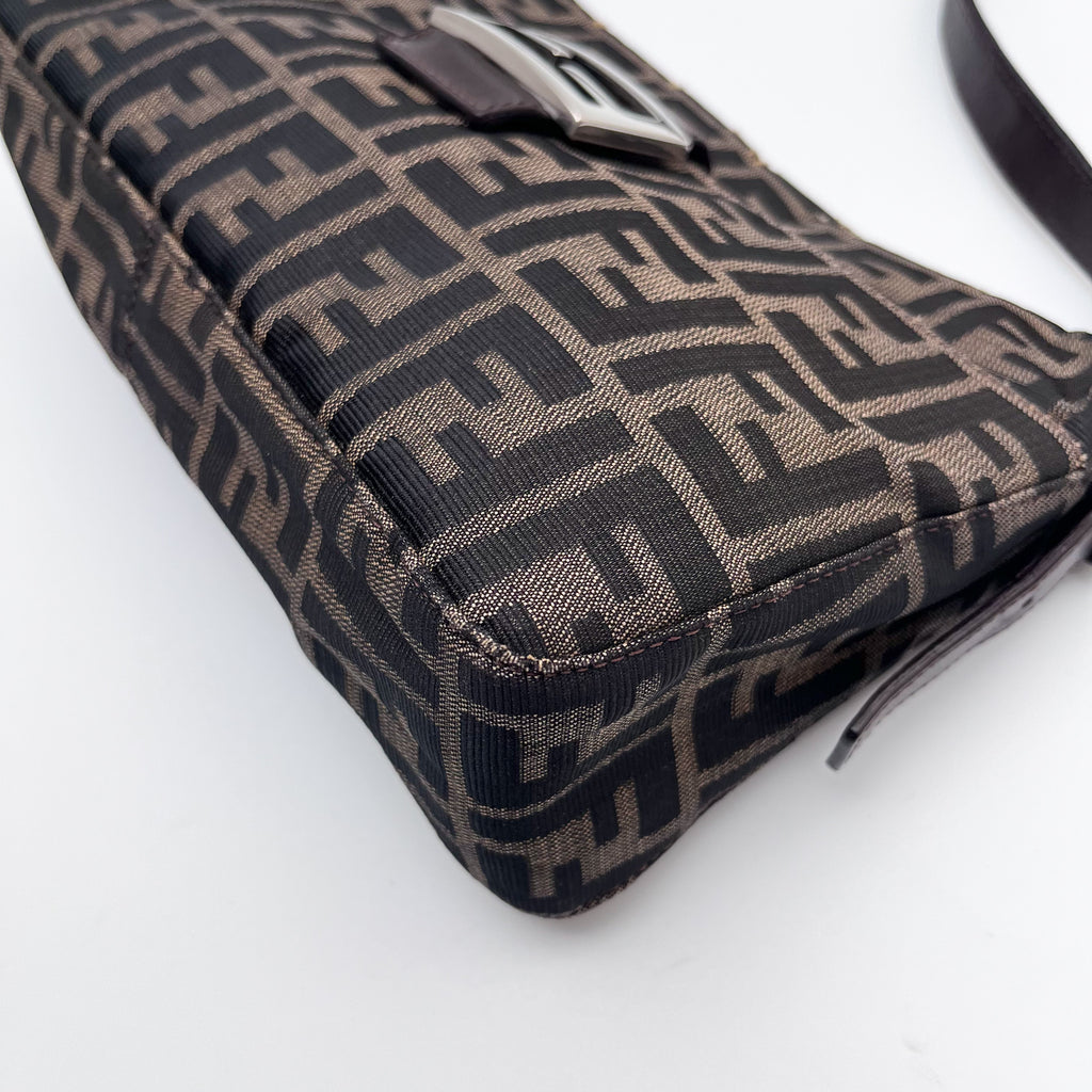 FENDI Mamma Baguette Zucca Shoulder Bag Canvas Leather Brown Vintage Authentic