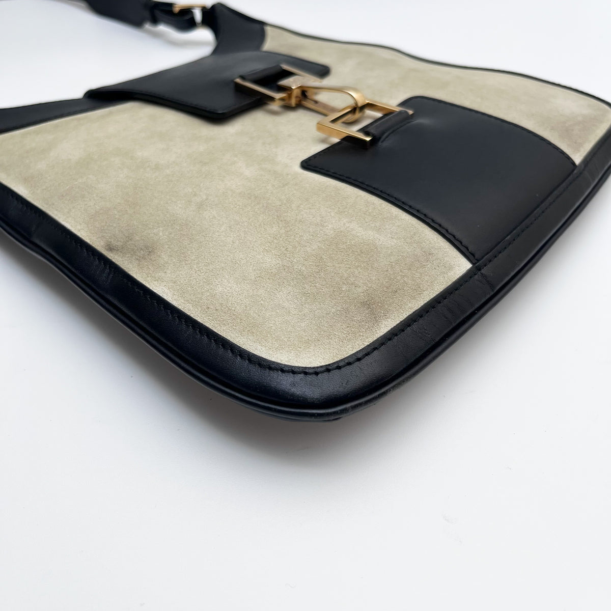 GUCCI 0014139 Shoulder Bag Suede Leather Beige Black Jackie Vintage Auth From JP