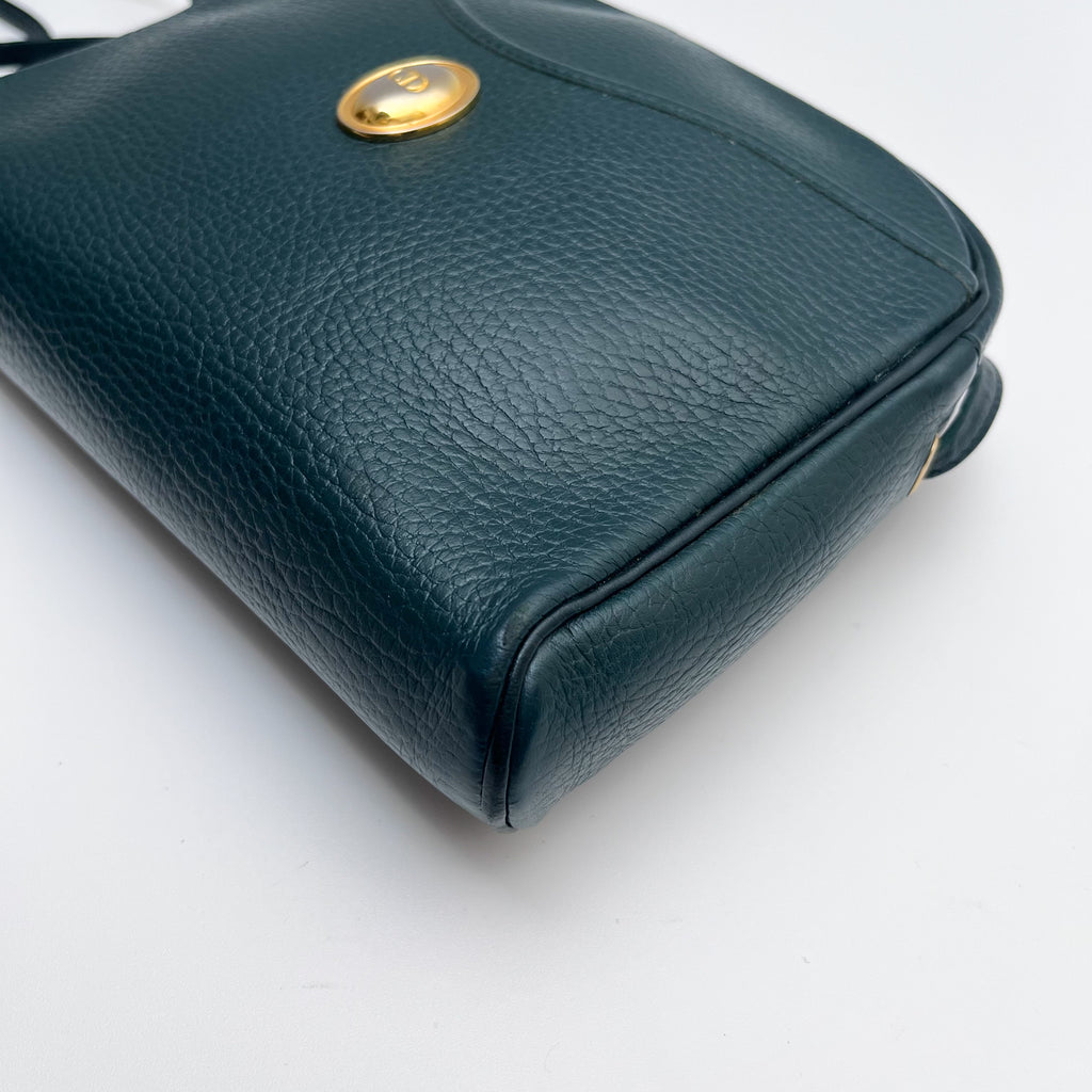 DIOR Oval Shoulder Bag Leather CD Logo Dark Green Gold Vintage Auth From Japan