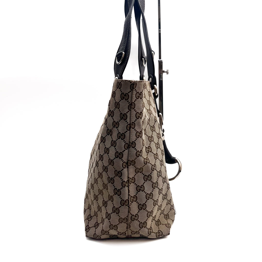 GUCCI 229852 GG Canvas Horsebit Tote Bag Beige Brown Leather Auth From Japan