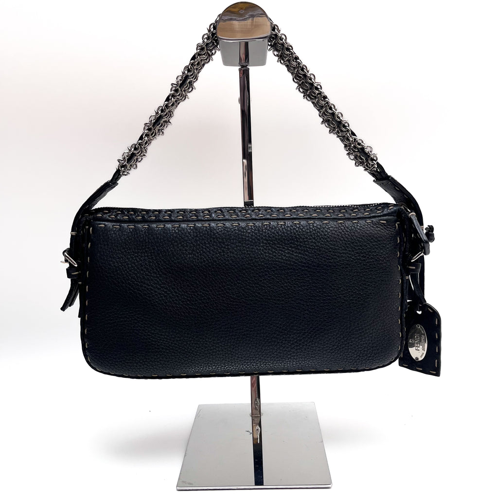 FENDI Selleria Chain Shoulder Hand Bag Black Leather Stitch Authentic From Japan