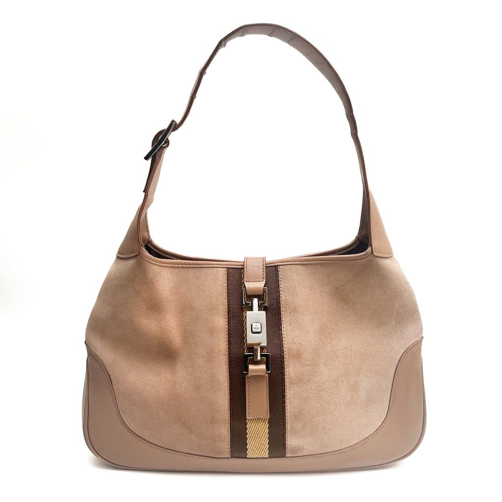 GUCCI Shoulder Bag Suede Leather Web Stripe Beige Silver Hardware Vintage Auth