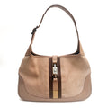 GUCCI Shoulder Bag Suede Leather Web Stripe Beige Silver Hardware Vintage Auth