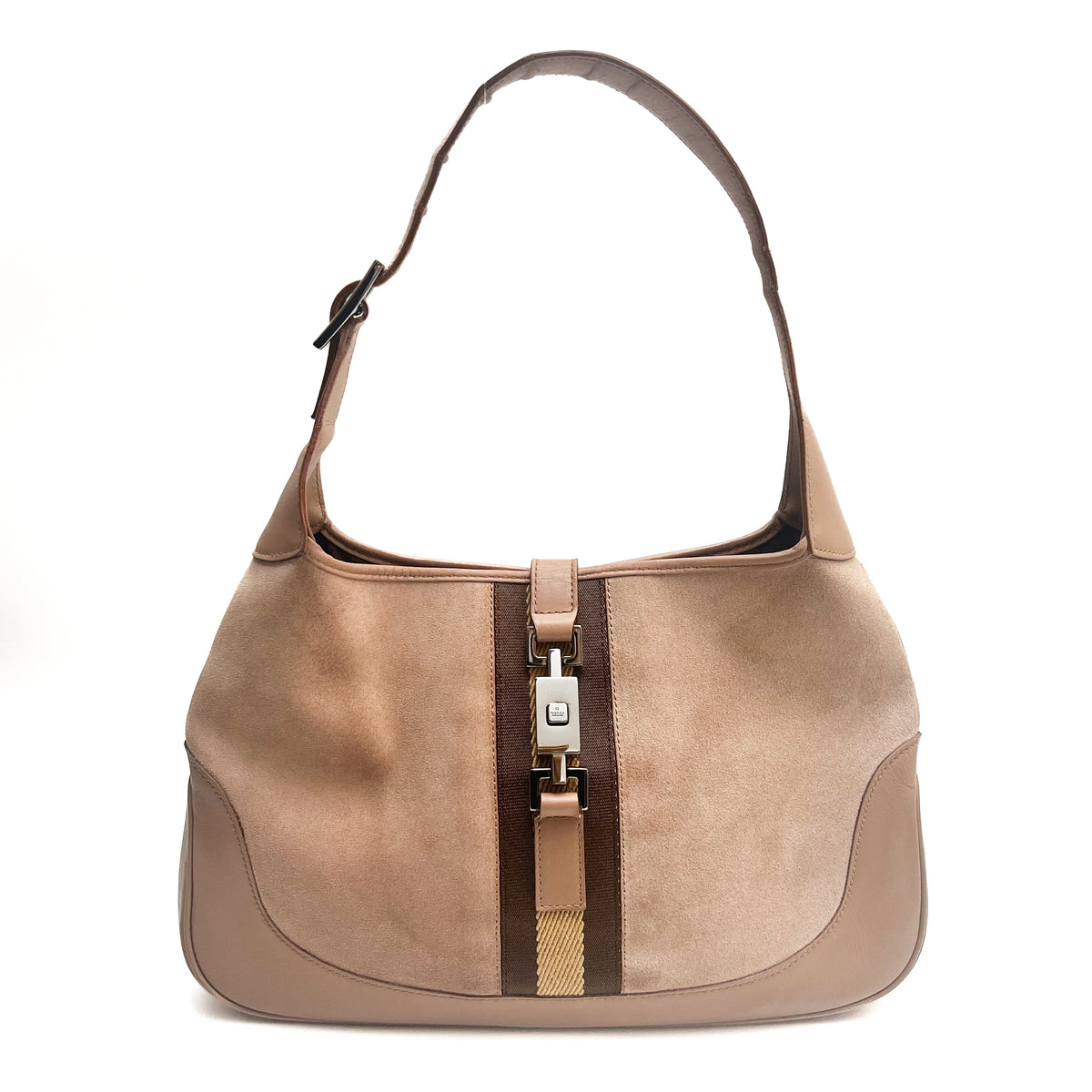 GUCCI Shoulder Bag Suede Leather Web Stripe Beige Silver Hardware Vintage Auth