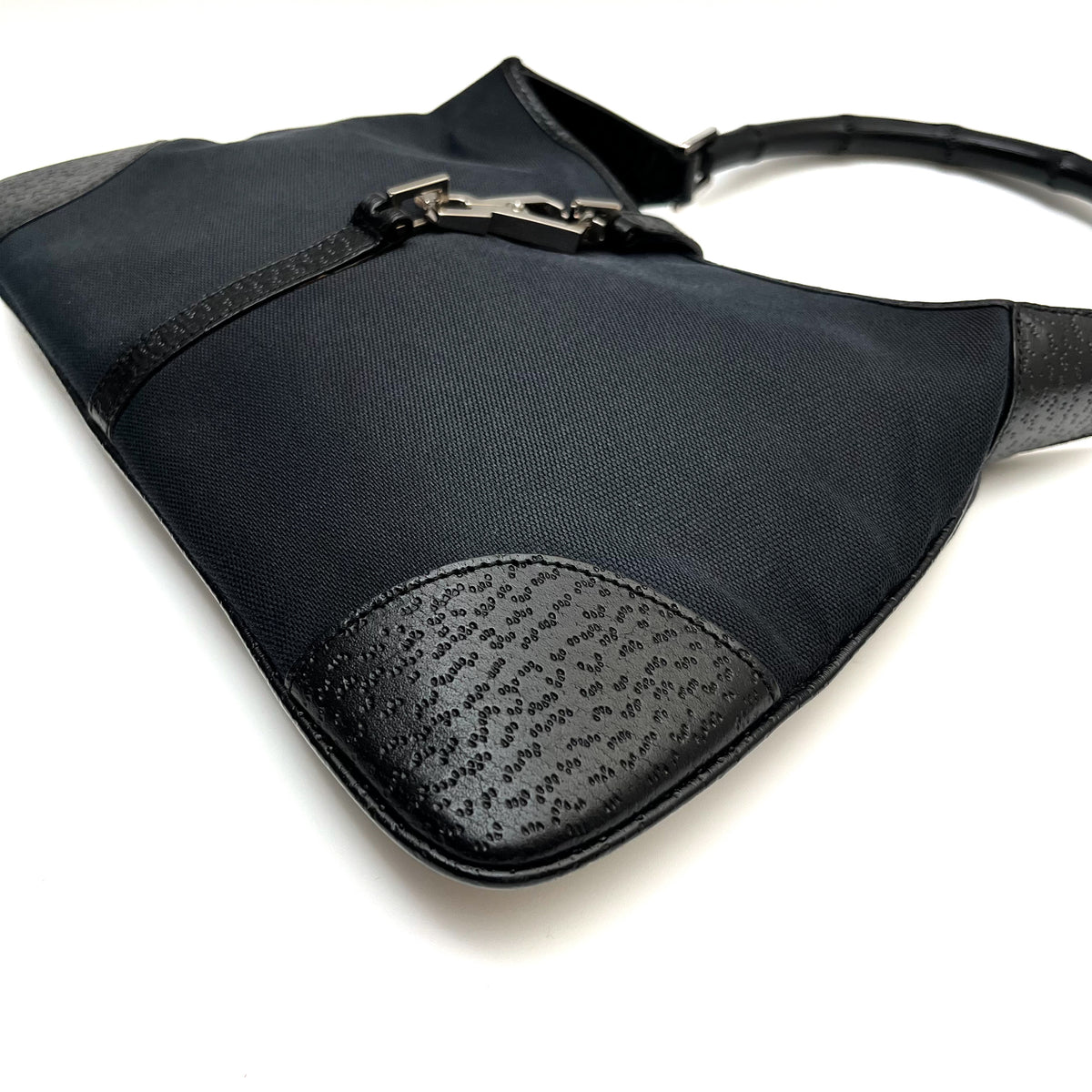 GUCCI Bamboo One Shoulder Bag Canvas Leather Black GG Pattern Vintage Auth