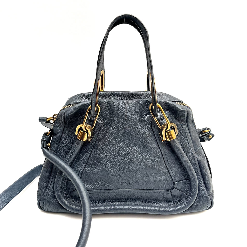 CHLOE Paraty Handbag Shoulder Bag 2WAY Leather Navy Gold Vintage Auth From Japan