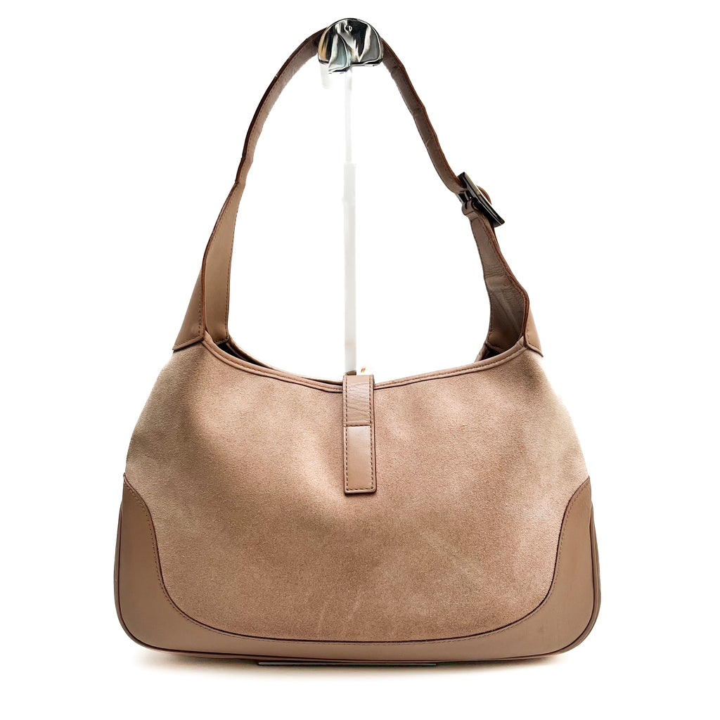 GUCCI Shoulder Bag Suede Leather Web Stripe Beige Silver Hardware Vintage Auth