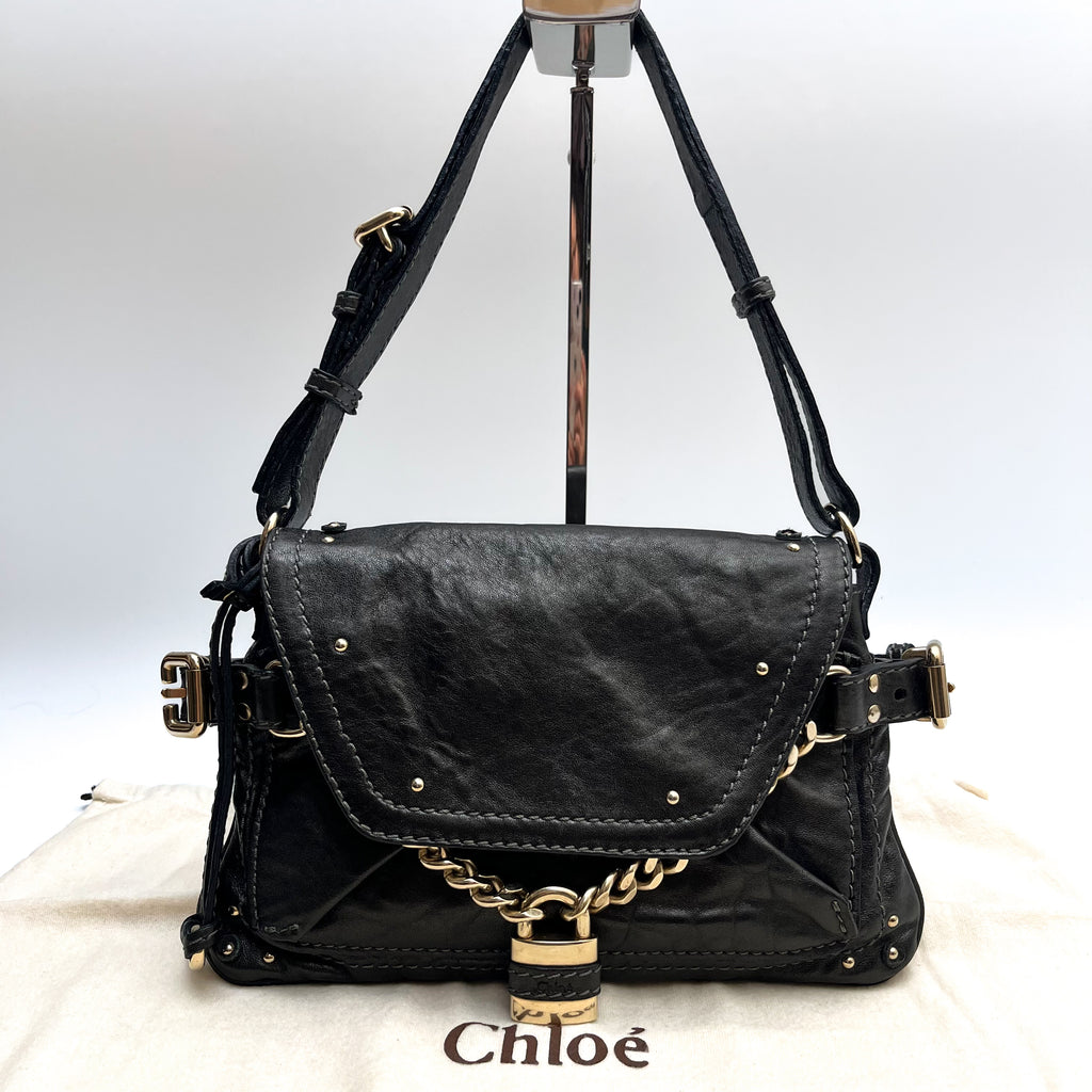 CHLOE Paddington Small Shoulder Bag Leather Black Gold Hardware Auth From Japan