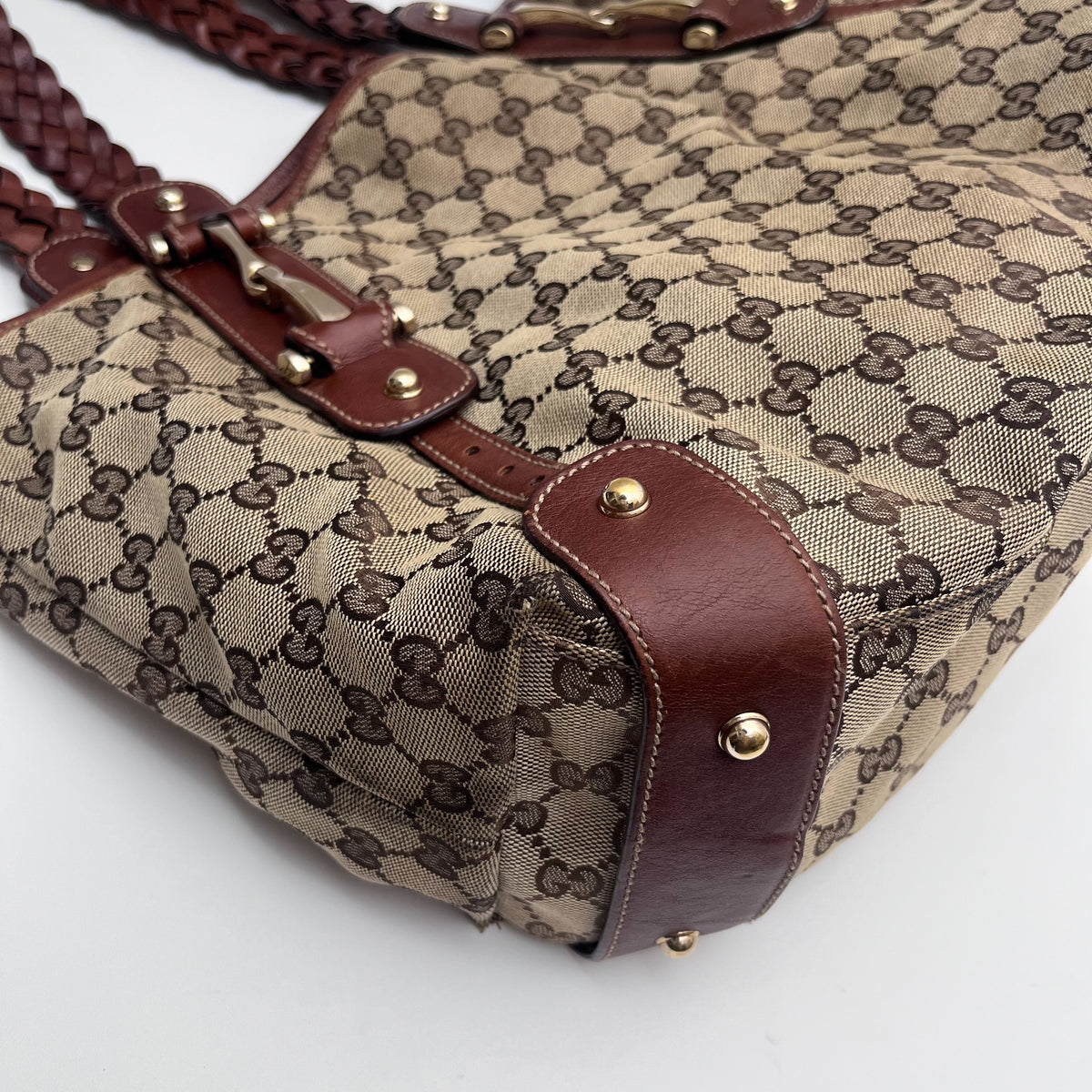 GUCCI 137621 Horsebit GG Canvas Tote Bag Braided Leather Handle Auth From JP