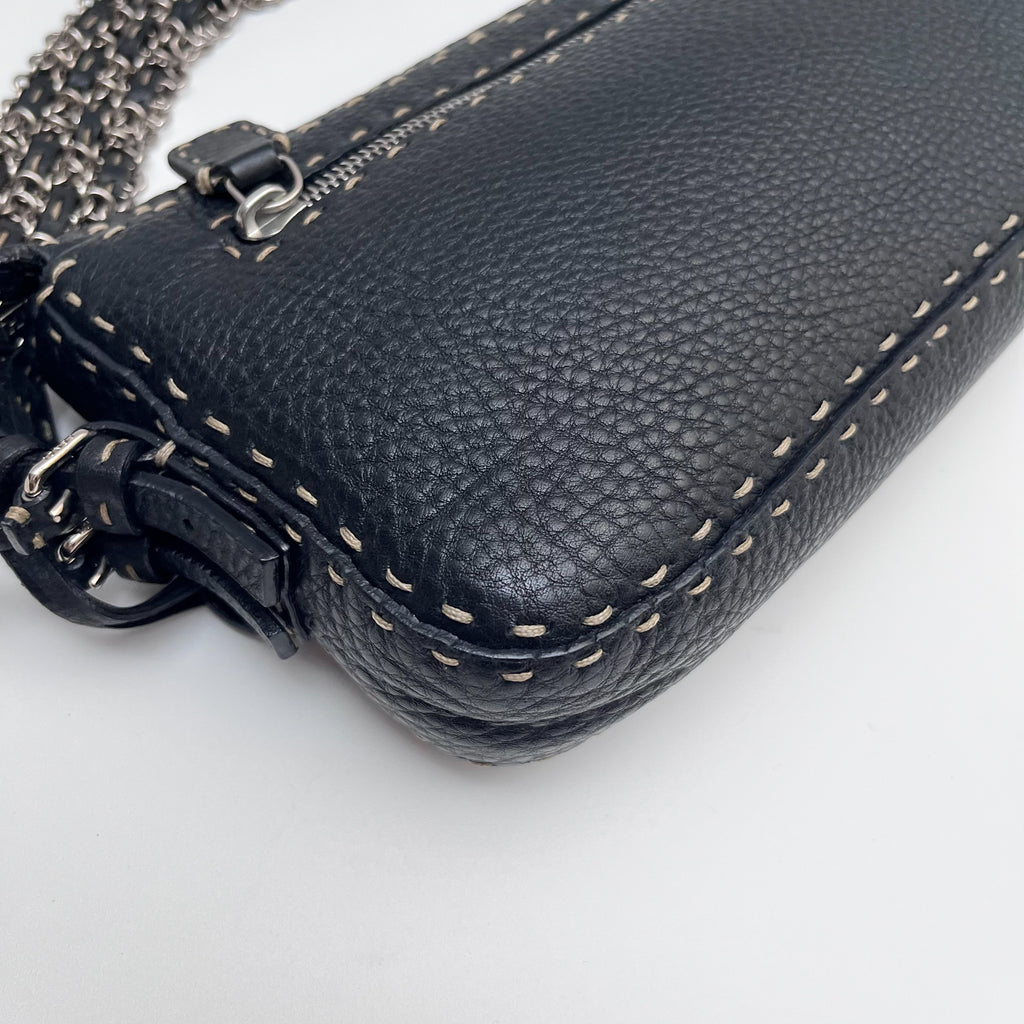 FENDI Selleria Chain Shoulder Hand Bag Black Leather Stitch Authentic From Japan