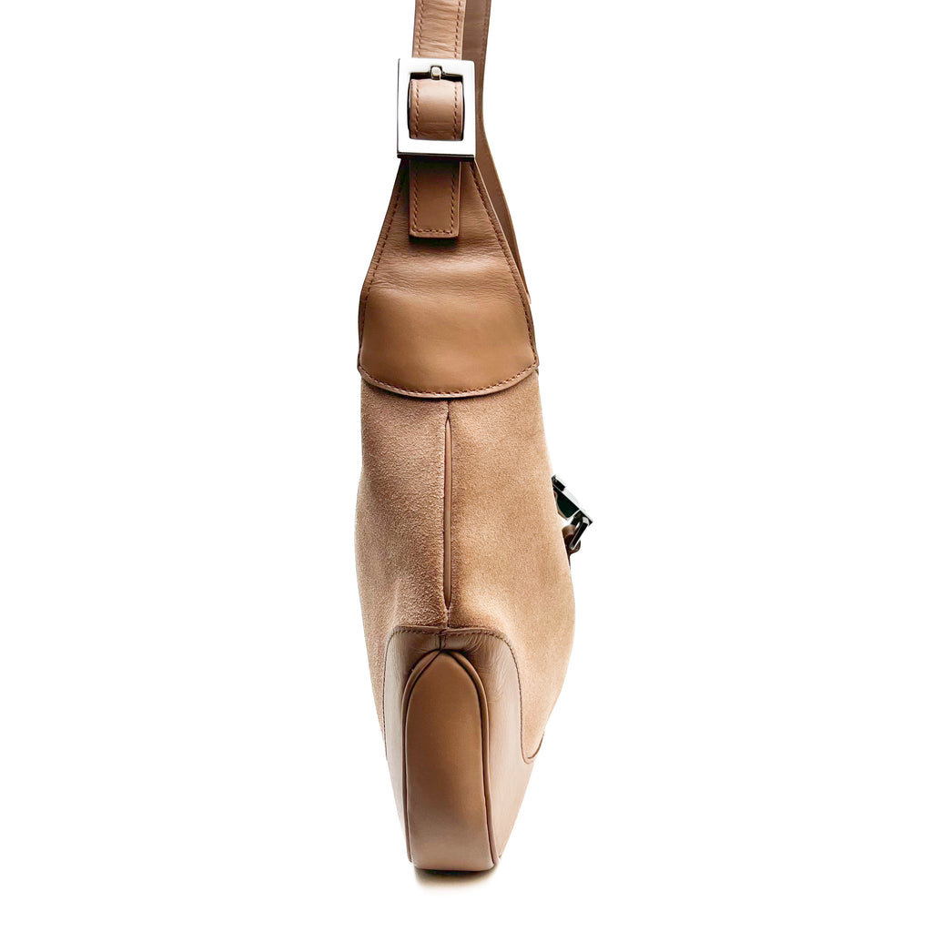 GUCCI Shoulder Bag Suede Leather Web Stripe Beige Silver Hardware Vintage Auth