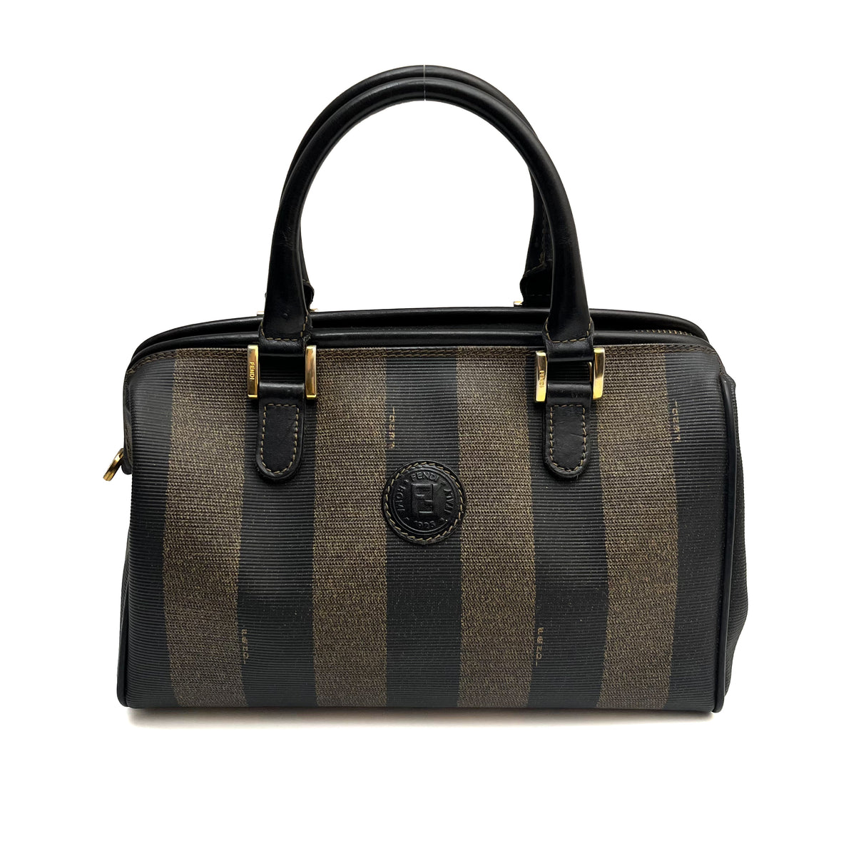 FENDI Pecan Stripe PVC Handbag Black Gold Hardware Vintage Authentic From Japan