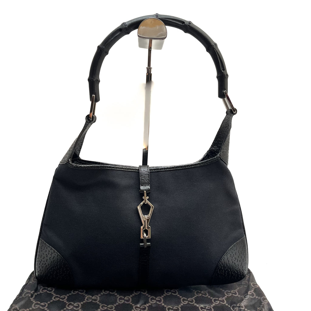 GUCCI Bamboo One Shoulder Bag Canvas Leather Black GG Pattern Vintage Auth