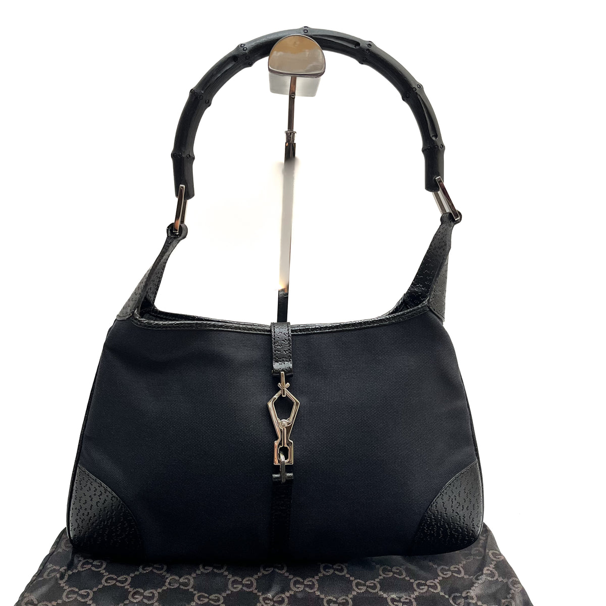 GUCCI Bamboo One Shoulder Bag Canvas Leather Black GG Pattern Vintage Auth