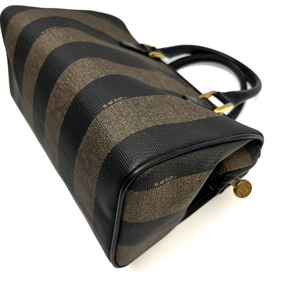 FENDI Pecan Stripe PVC Handbag Black Gold Hardware Vintage Authentic From Japan