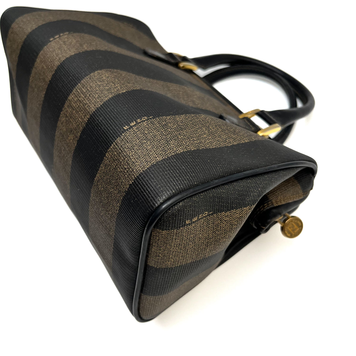 FENDI Pecan Stripe PVC Handbag Black Gold Hardware Vintage Authentic From Japan