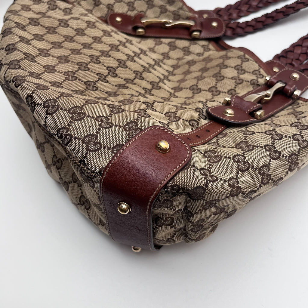 GUCCI 137621 Horsebit GG Canvas Tote Bag Braided Leather Handle Auth From JP