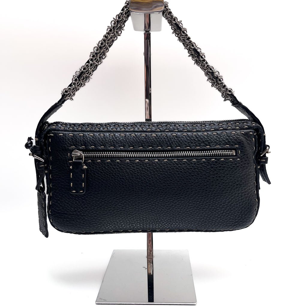 FENDI Selleria Chain Shoulder Hand Bag Black Leather Stitch Authentic From Japan