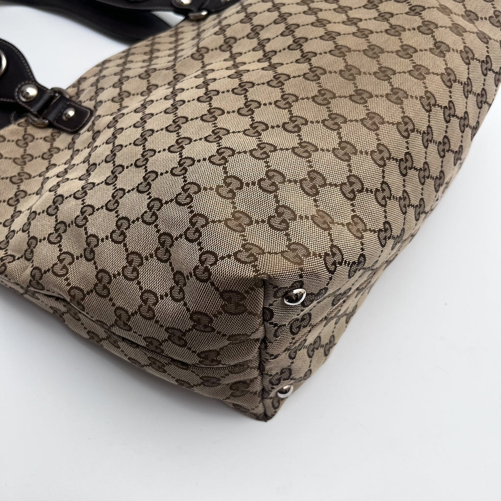 GUCCI 229852 GG Canvas Horsebit Tote Bag Beige Brown Leather Auth From Japan