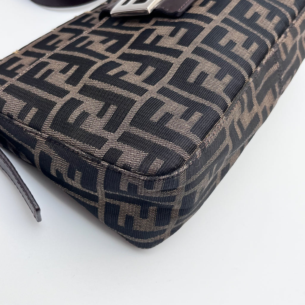 FENDI Mamma Baguette Zucca Shoulder Bag Canvas Leather Brown Vintage Authentic