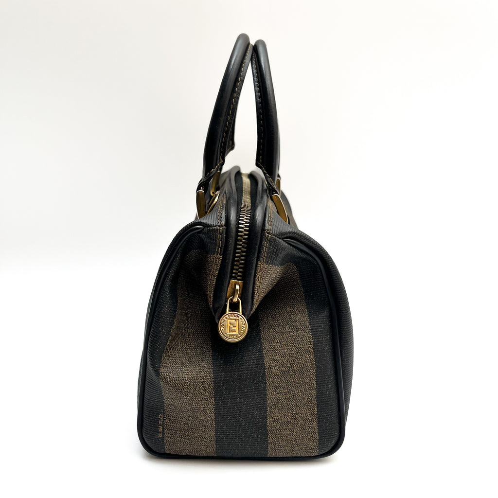 FENDI Pecan Stripe PVC Handbag Black Gold Hardware Vintage Authentic From Japan