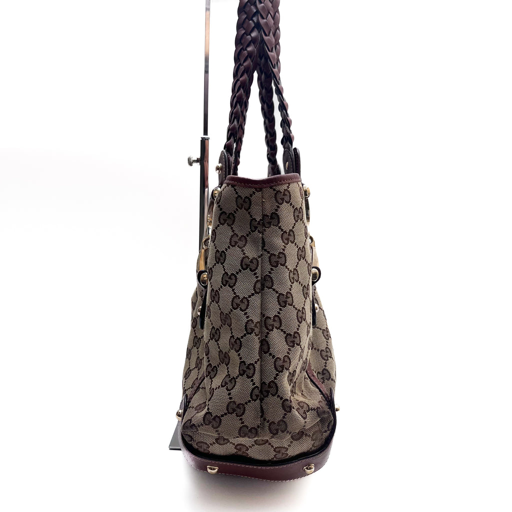 GUCCI 137621 Horsebit GG Canvas Tote Bag Braided Leather Handle Auth From JP