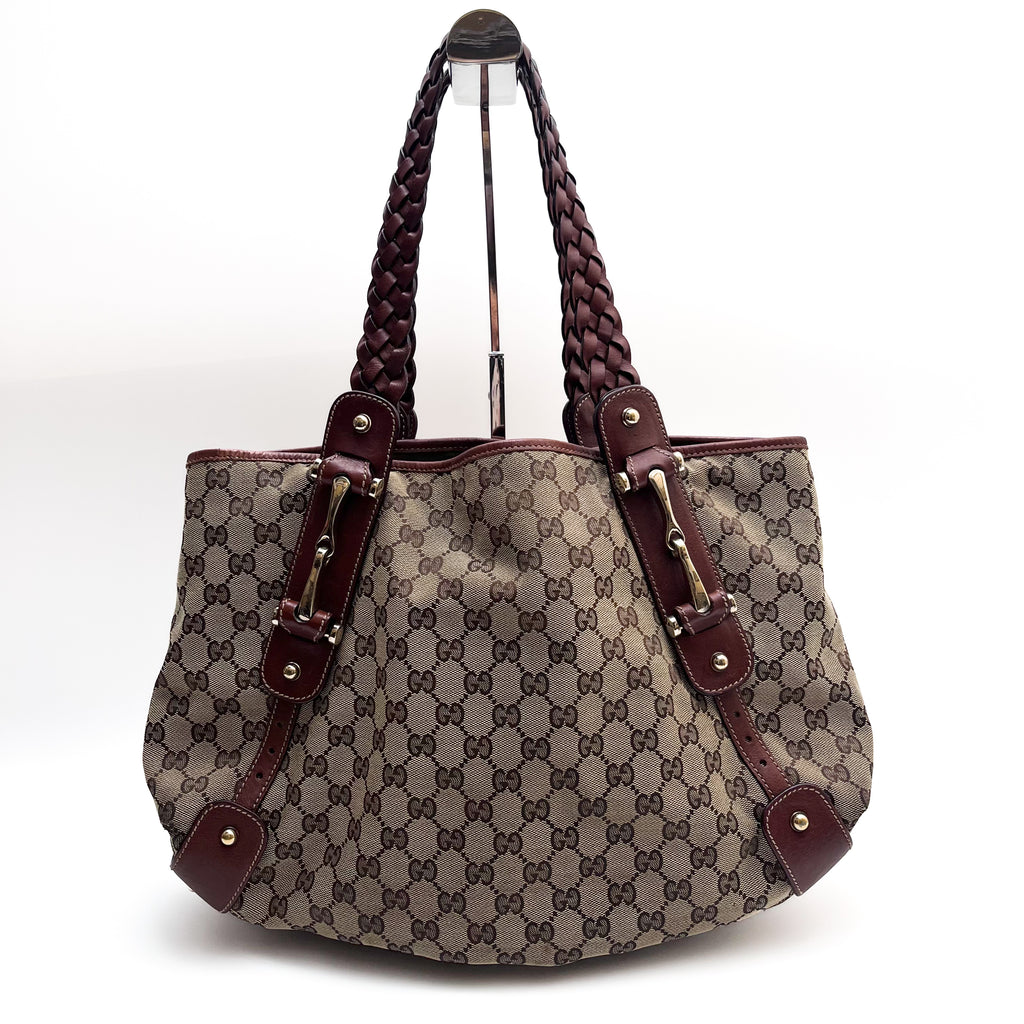 GUCCI 137621 Horsebit GG Canvas Tote Bag Braided Leather Handle Auth From JP
