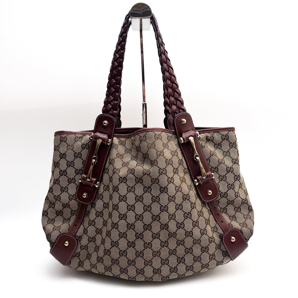 GUCCI 137621 Horsebit GG Canvas Tote Bag Braided Leather Handle Auth From JP