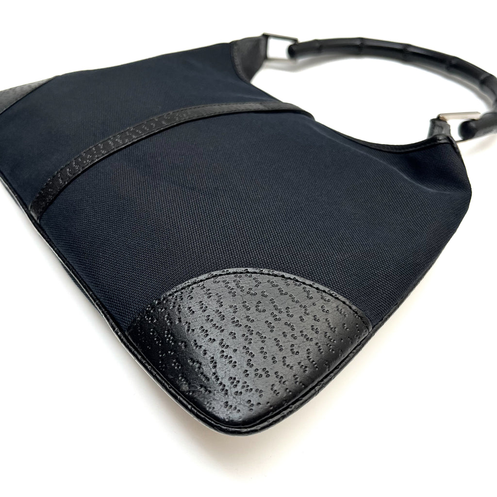 GUCCI Bamboo One Shoulder Bag Canvas Leather Black GG Pattern Vintage Auth