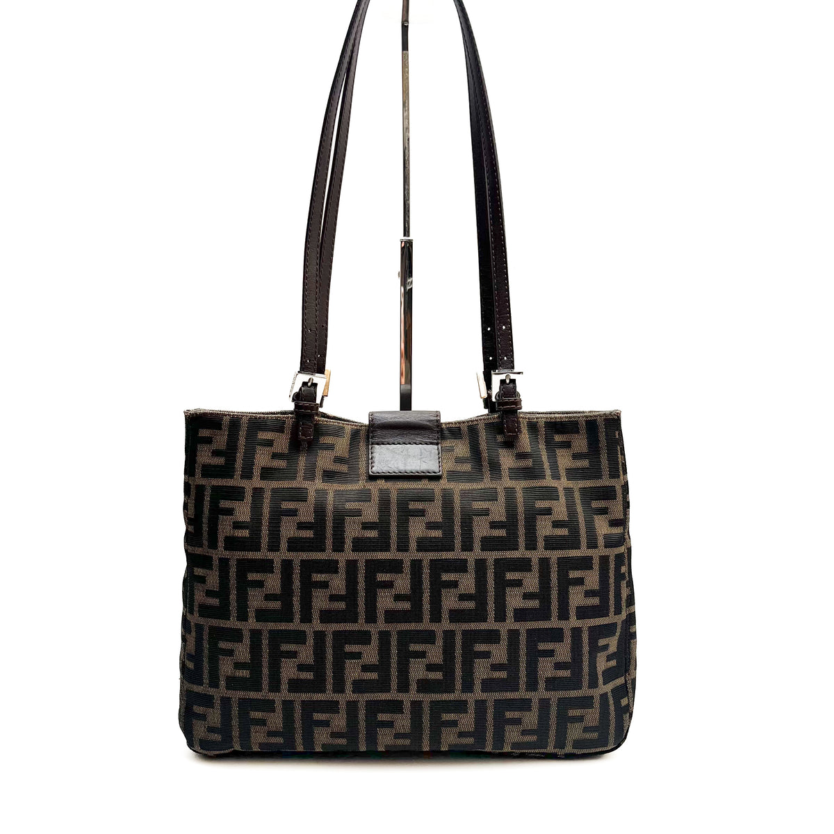 FENDI Zucca Shoulder Bag Canvas Leather Brown Mamma Beige Auth From Japan