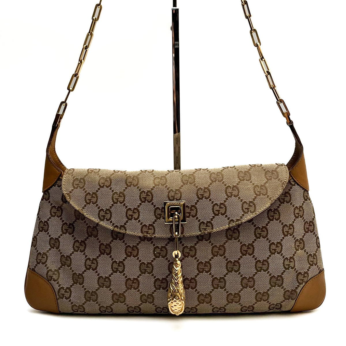 GUCCI Tom Ford Tiger head Chain Shoulder bag GG Canvas Vintage Auth From Japan