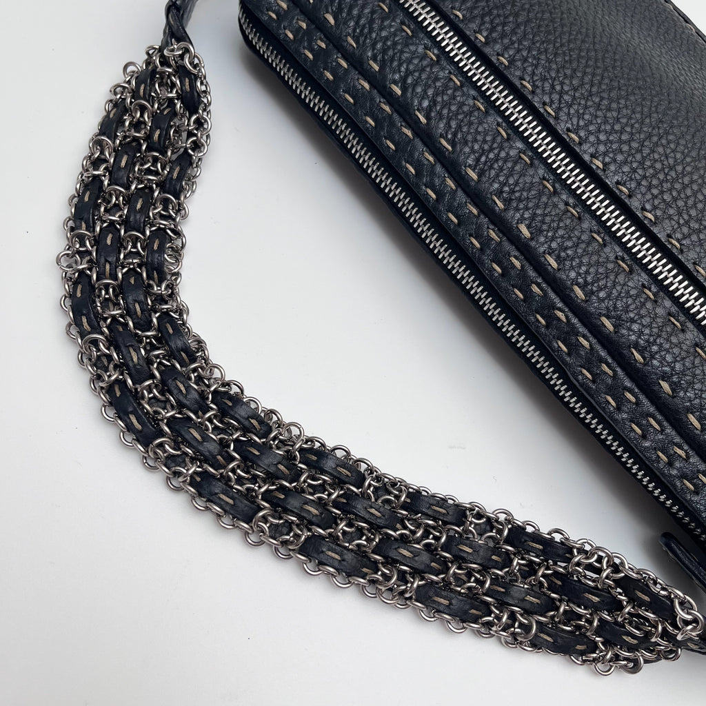 FENDI Selleria Chain Shoulder Hand Bag Black Leather Stitch Authentic From Japan