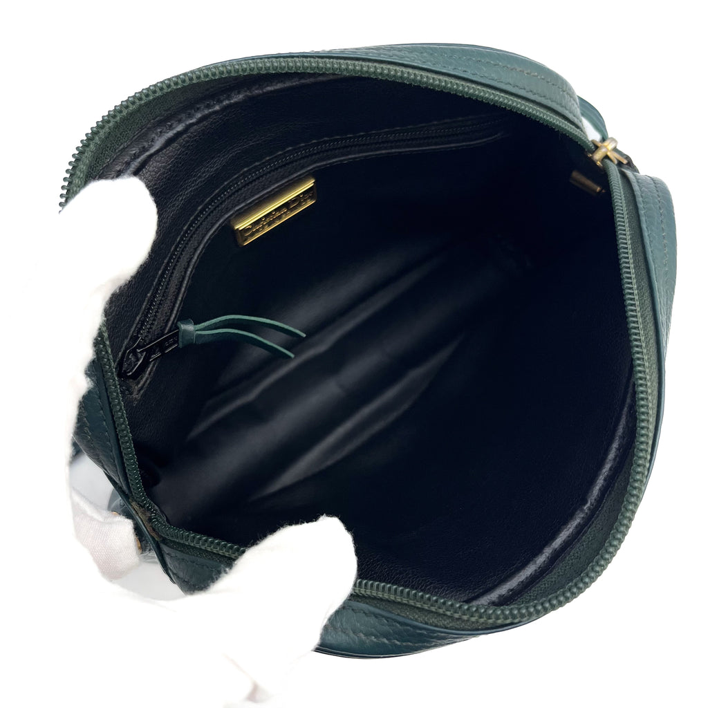 DIOR Oval Shoulder Bag Leather CD Logo Dark Green Gold Vintage Auth From Japan