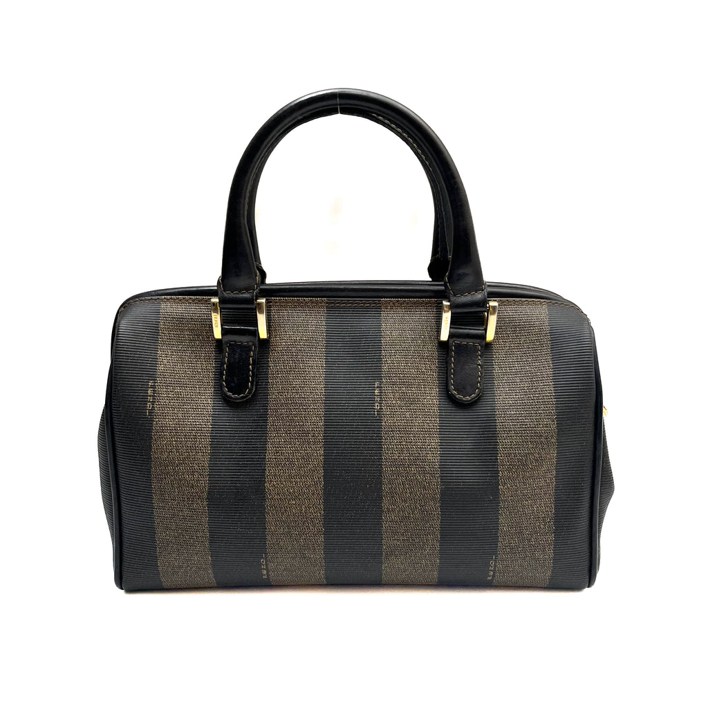 FENDI Pecan Stripe PVC Handbag Black Gold Hardware Vintage Authentic From Japan