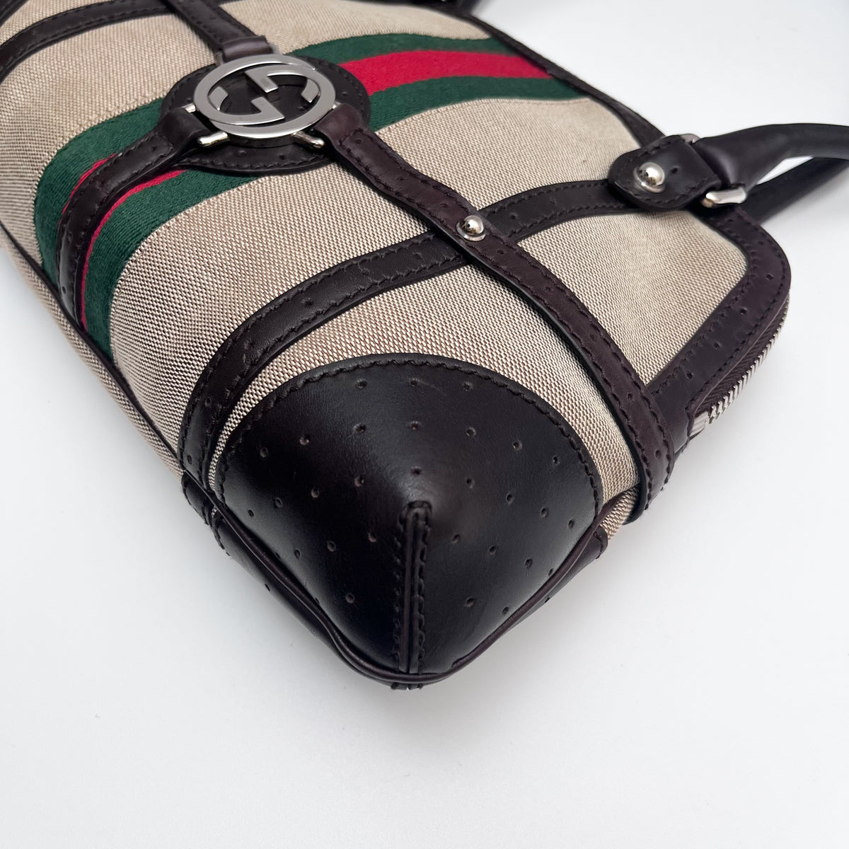 GUCCI 114882 Shoulder Bag Interlocking G Web Stripe Canvas Leather Auth From JP