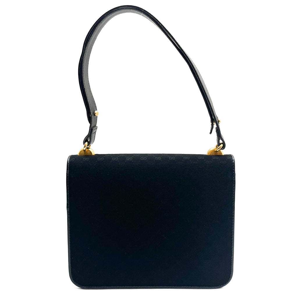 GUCCI Vintage Handbag Canvas GG Monogram Black Leather Strap Gold Hardware Auth