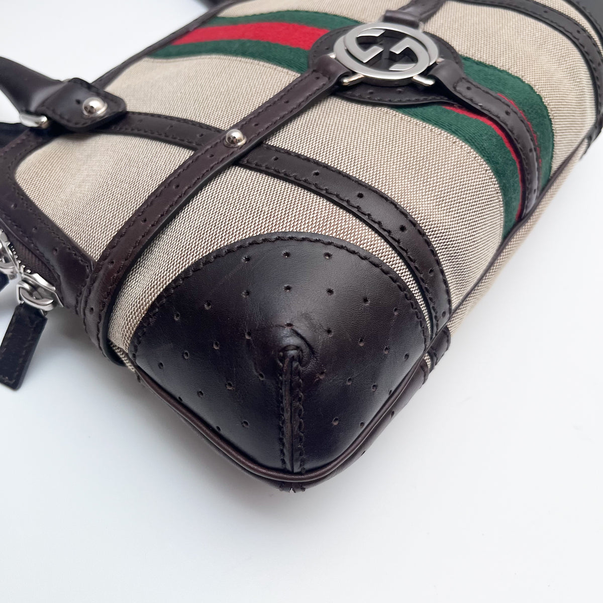 GUCCI 114882 Shoulder Bag Interlocking G Web Stripe Canvas Leather Auth From JP