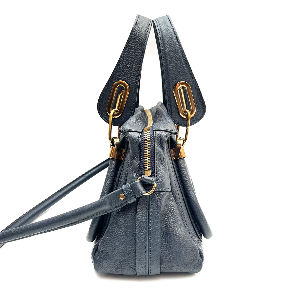 CHLOE Paraty Handbag Shoulder Bag 2WAY Leather Navy Gold Vintage Auth From Japan