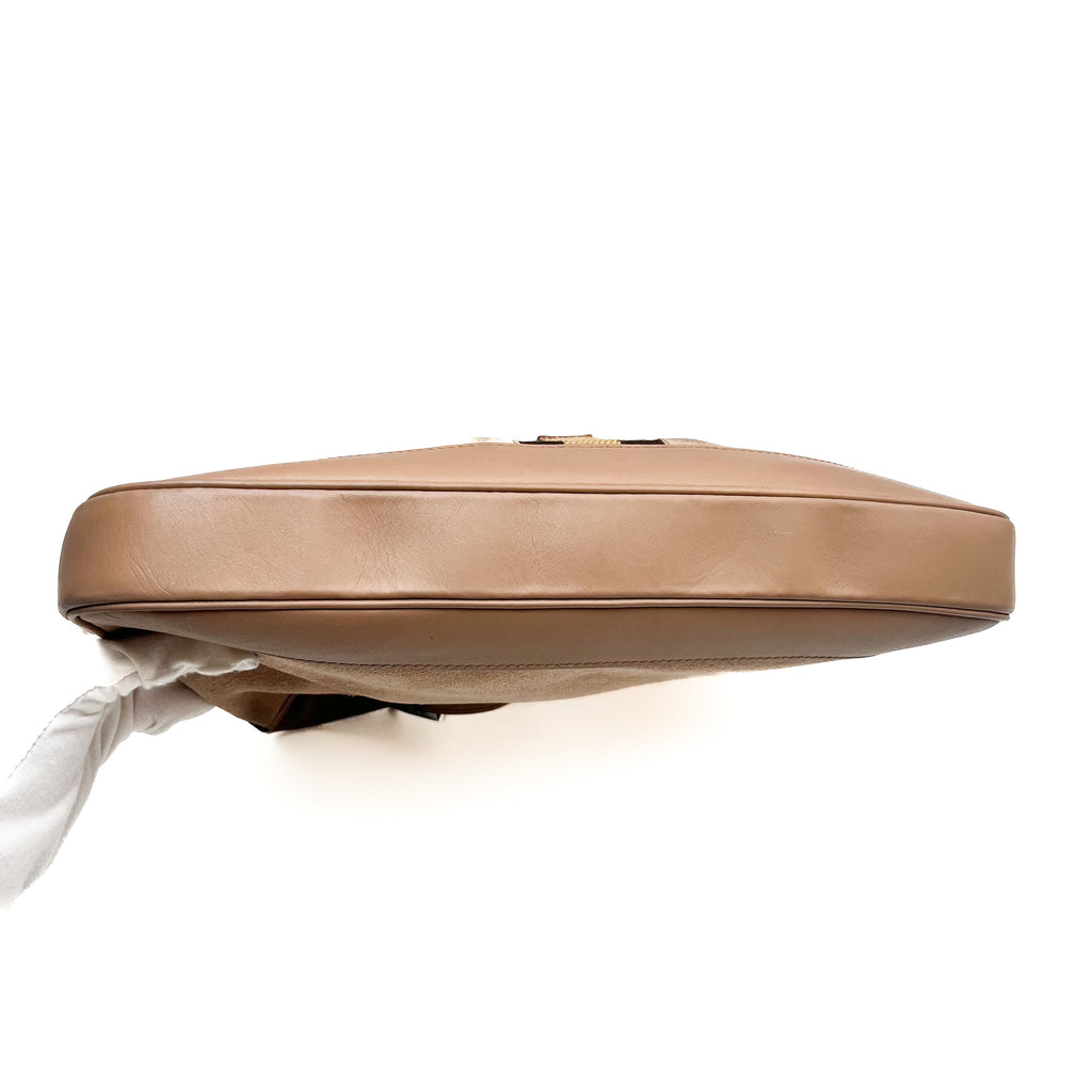 GUCCI Shoulder Bag Suede Leather Web Stripe Beige Silver Hardware Vintage Auth
