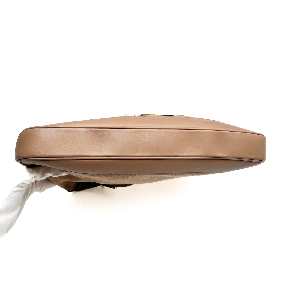 GUCCI Shoulder Bag Suede Leather Web Stripe Beige Silver Hardware Vintage Auth