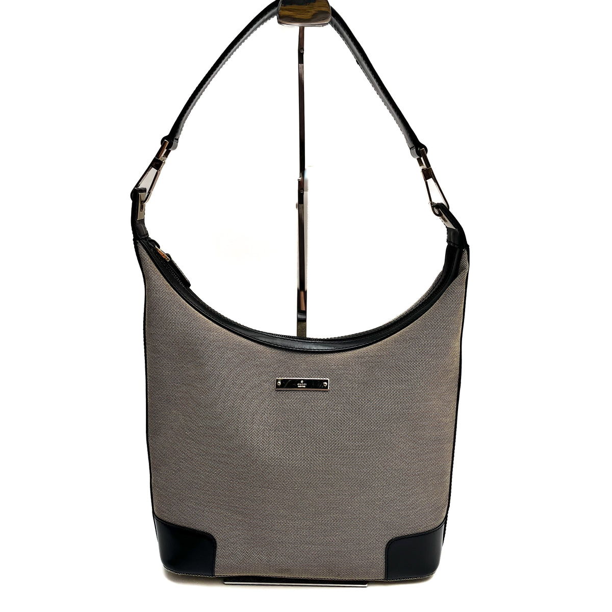 GUCCI Hobo Shoulder Bag Canvas Leather Black Beige Vintage Authentic From Japan