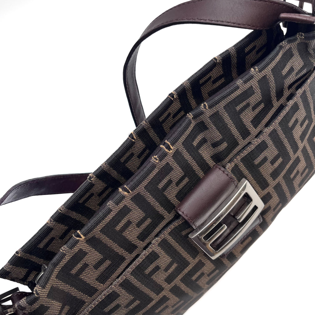 FENDI Mamma Baguette Zucca Shoulder Bag Canvas Leather Brown Vintage Authentic