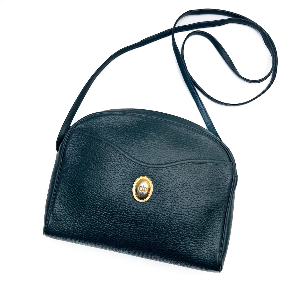 DIOR Oval Shoulder Bag Leather CD Logo Dark Green Gold Vintage Auth From Japan