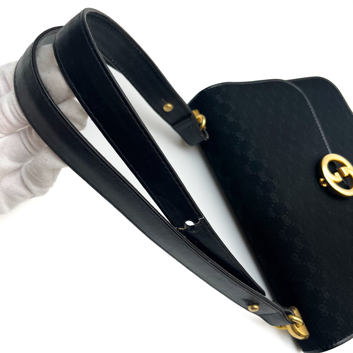GUCCI Vintage Handbag Canvas GG Monogram Black Leather Strap Gold Hardware Auth
