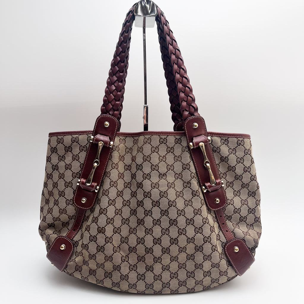 GUCCI 137621 Horsebit GG Canvas Tote Bag Braided Leather Handle Auth From JP