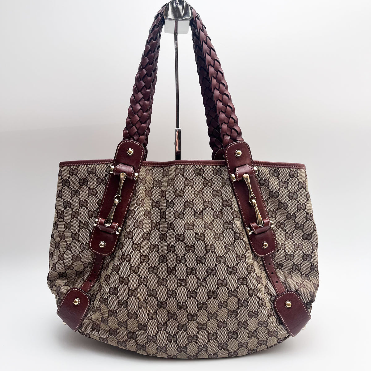 GUCCI 137621 Horsebit GG Canvas Tote Bag Braided Leather Handle Auth From JP