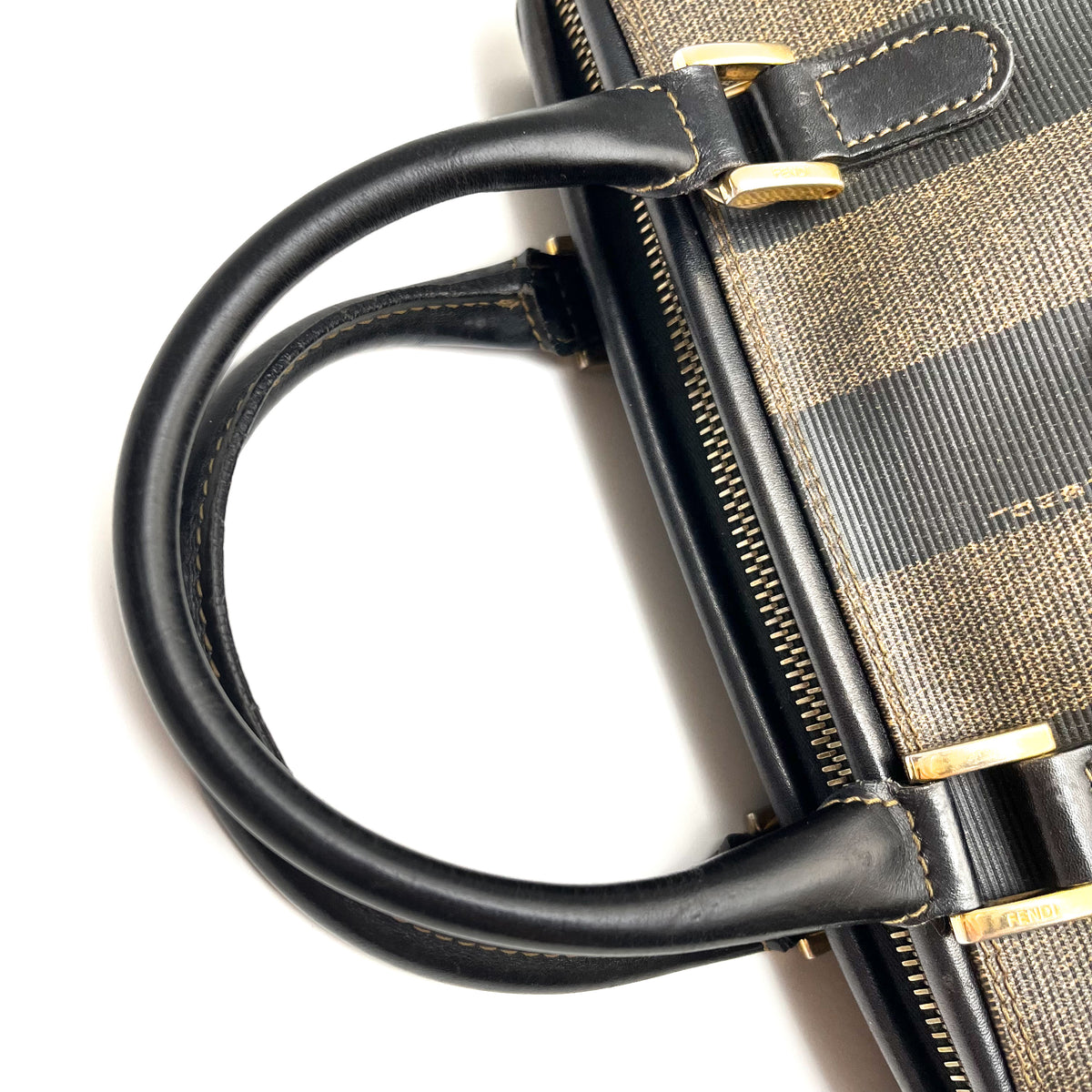 FENDI Pecan Stripe PVC Handbag Black Gold Hardware Vintage Authentic From Japan
