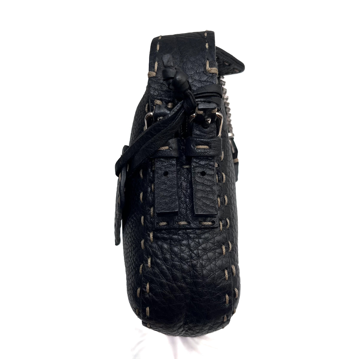 FENDI Selleria Chain Shoulder Hand Bag Black Leather Stitch Authentic From Japan