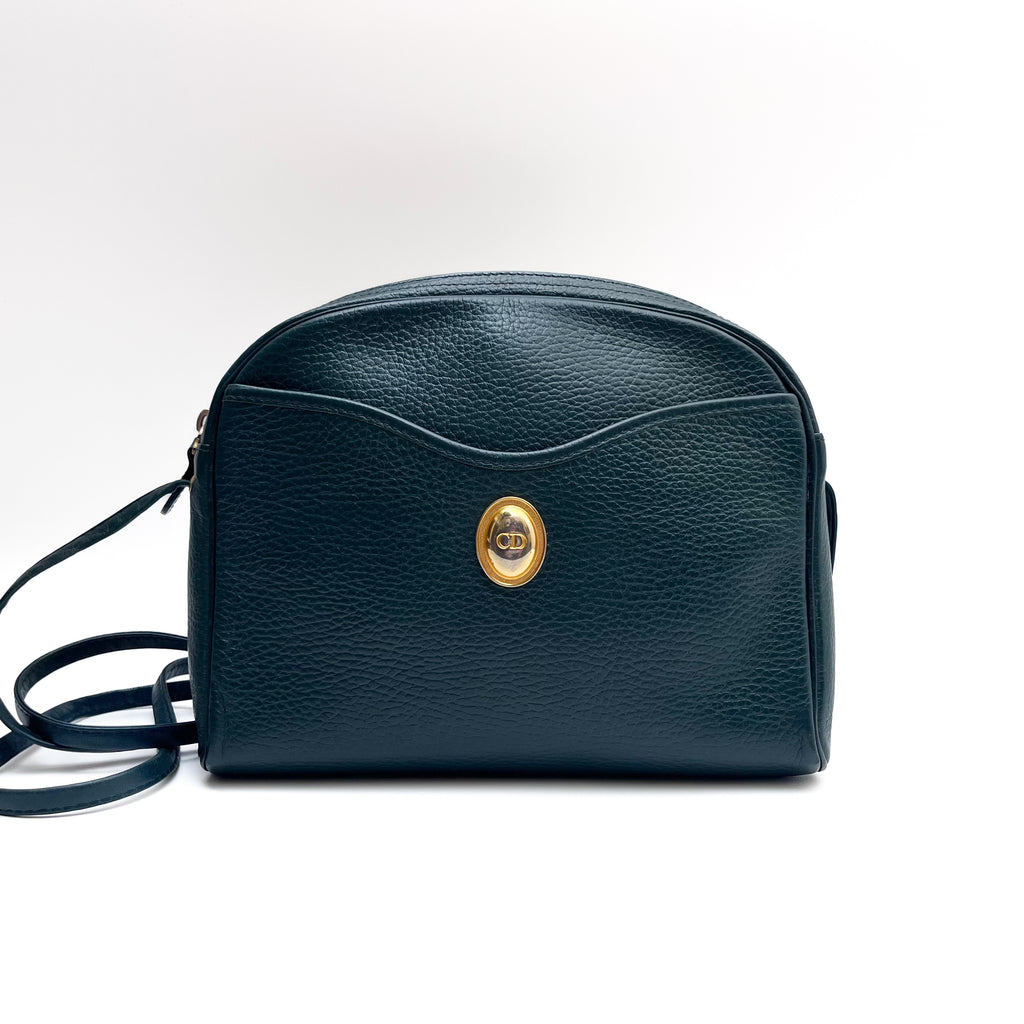 DIOR Oval Shoulder Bag Leather CD Logo Dark Green Gold Vintage Auth From Japan
